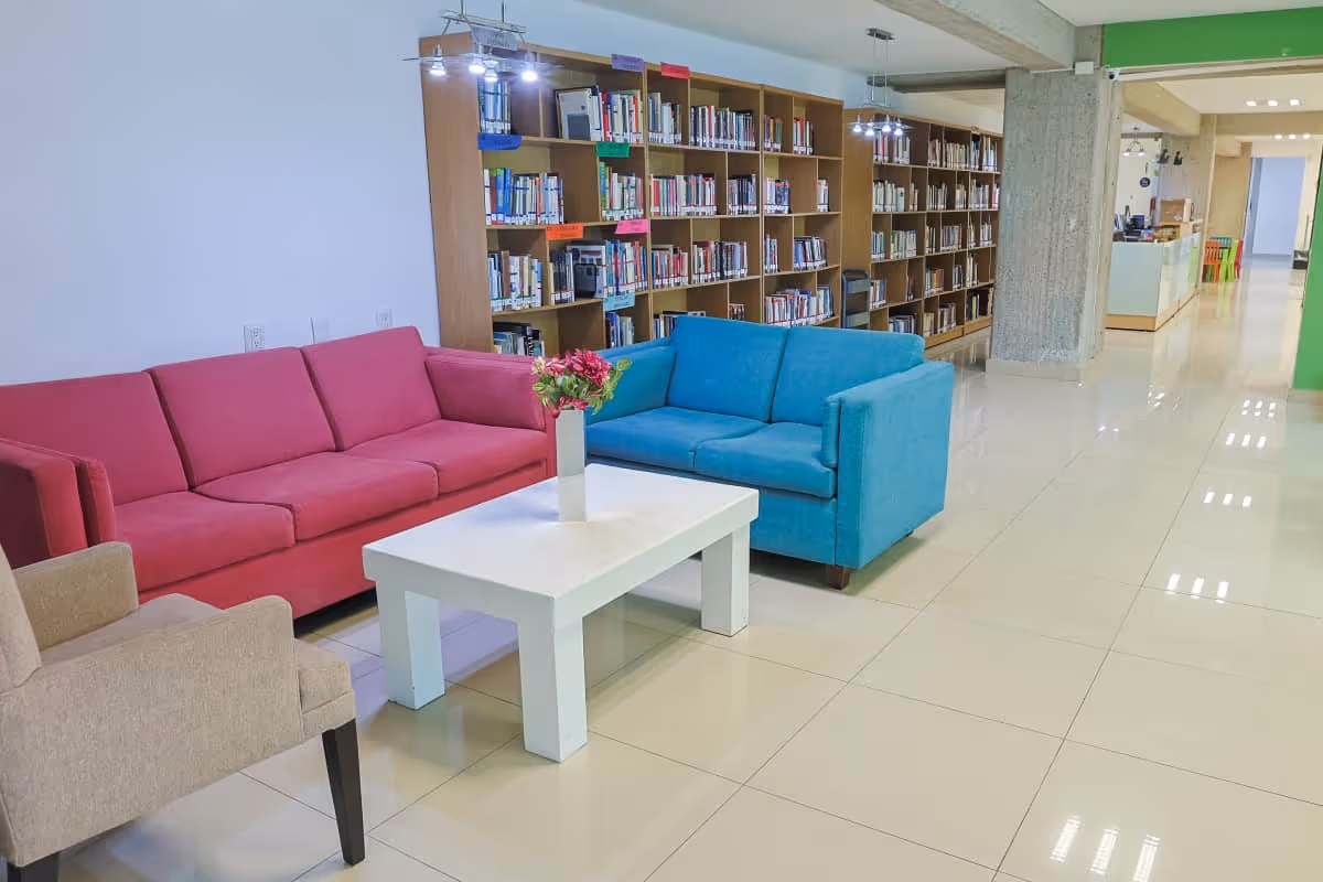 Área de lectura con un sofá rosa, un sofá azul, una silla beige, una mesa blanca con un florero, y estanterías llenas de libros al fondo.